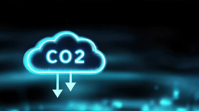 A glowing blue neon cloud with arrows pointing down and the word CO2, representing carbon capture technology and reducing CO2 emissions