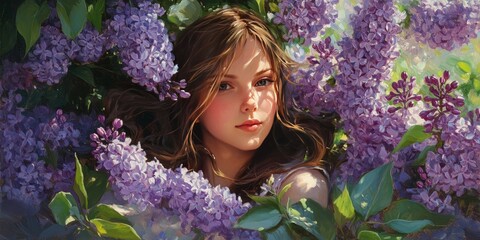 A beautiful girl surrounded by blooming lilac captures the essence of beauty and nature, showcasing the lovely girl amid vibrant lilac blossoms.