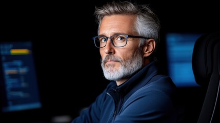mature professional with silver hair and glasses focuses intently on computer screens in a dimly lit office. atmosphere suggests late-night work or project completion