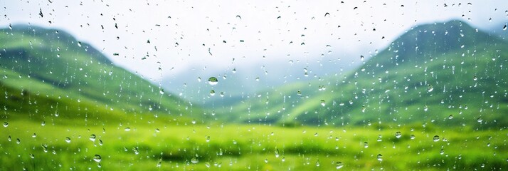 Rainy Day View Green Hills Landscape Seen Through Window Raindrops