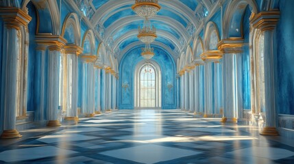 Obraz premium Elegant blue palace interior with grand chandelier and arched windows