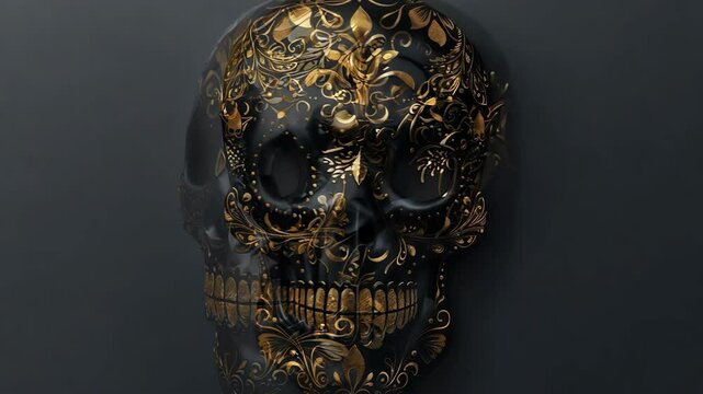 Black skull with gold filigree patterns, set against a dark background, representing luxury and intricate Day of the Dead craftsmanship. ai