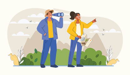 Embark on a thrilling outdoor adventure as a couple enjoys the scenic beauty, equipped with binoculars for an exciting exploration of nature’s wonders.