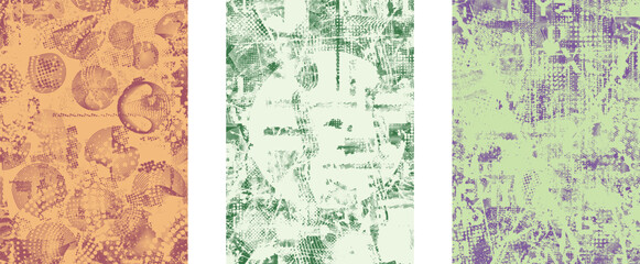 Set of posters with glitch distorted grunge texture. Poster collection texture with halftone dots, glitched shapes, textures and lines .Screen print vector poster pack with grunge textured surface