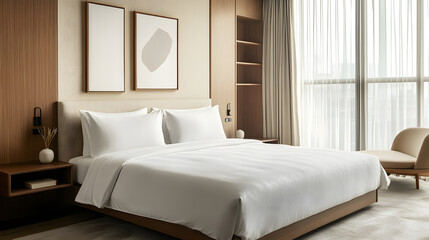 Spacious bedroom with wooden accents and comfortable furnishings.