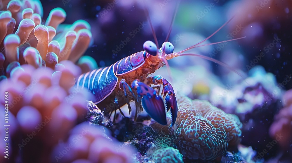 Poster gliding gracefully among soft corals, the lively peacock mantis shrimp showcases its dazzling colors