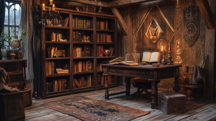 Night old magic school room. Cartoon wizard game background with classroom interior for halloween fairy tale. Medieval alchemist study desk in castle with wooden bookcase and magician book scene