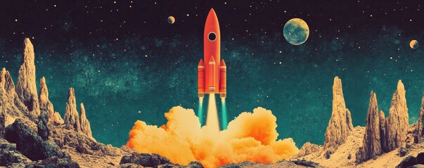 Naklejka premium Red rocket launching into the starry space over alien landscape with planets
