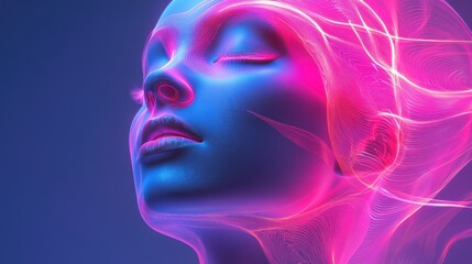 Futuristic digital art of young female with neon lights and abstract patterns