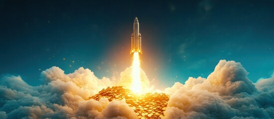 Rocket Launching into Space from a Pile of Gold Coins Surrounded by Clouds and a Starry Sky