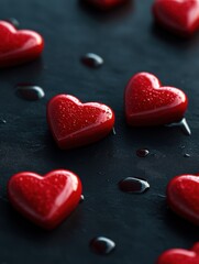 Obraz premium Scattered red hearts on a dark surface, symbolizing love and affection.