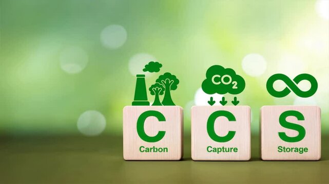 Three wooden blocks with bold letters spelling Carbon Capture and Storage, showcasing technology for CO2 capture and emissions reduction