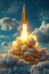 Rocket Launching into the Sky with a Trail of Coins and Clouds, Symbolizing Financial Growth and Success in a Surreal Dreamlike Setting