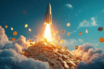 Rocket Launching from Pile of Gold Coins Against a Cloudy Sky with Floating Coins in a Dreamlike Financial Success Concept
