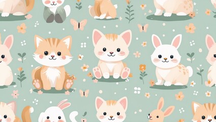 Cute baby animals playing and exploring a colorful garden filled with flowers and butterflies on a soft green background