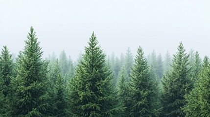 Misty evergreen forest with foggy horizon and dense pine trees