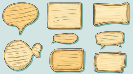 Cartoon set of wooden speech bubbles isolated on background. Vector illustration of empty message frames with blank paper template for text. Square, rectangular, round sign boards. Retro announcement
