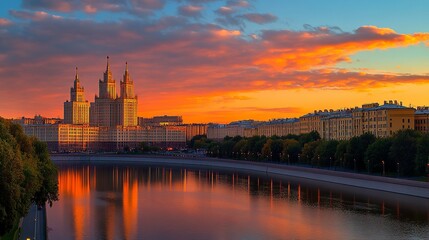 Obraz premium The majestic high-rises of Moscow-City stand tall along the Moskva River, bathed in the golden hues of a summer sunset