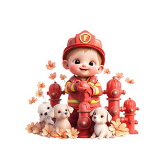 Naklejka premium Adorable Baby Firefighter with Puppies and Fire Hydrants 3D Rendered Illustration