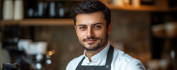 Young adult male barista smiling in coffee shop interior with warm lighting