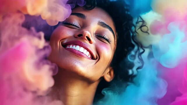 A happy young woman experiments with creating wave textures for digital art projects, inspiring her peers