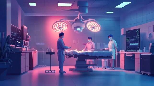 Surgeon team in surgery room. Flat design vector illustration