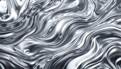 Abstract liquid metal flow with swirling silver and chrome patterns. Banner for futuristic designs, tech branding, and luxury ads.