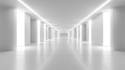 Fototapeta premium Art gallery empty 3d room with white walls, floor and illumination lamps around perimeter. Museum interior for collection presentation, photography contest exhibition hall, Realistic vector mock up