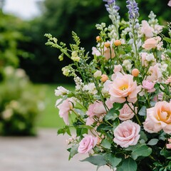 Fototapeta premium Delicate Pink Roses and Soft Blooms Garden Bouquet