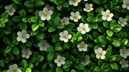 Lush green foliage with white flowers in natural sunlight