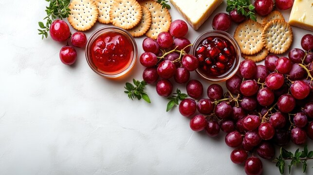 A vibrant spread of grapes, cheese, and crackers with jams, perfect for a picnic or gathering