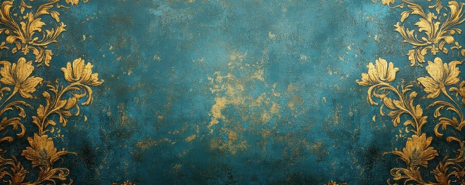 Ornate gold floral pattern on vintage blue background for elegant decor