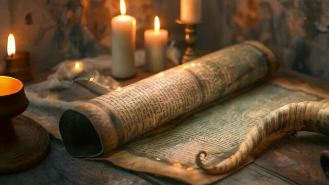 Hebrew scroll and shofar horn on a wooden table with candles, creating a serene, spiritual setting. ai