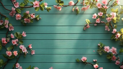 Pink cherry blossoms on teal wooden planks with sunlight