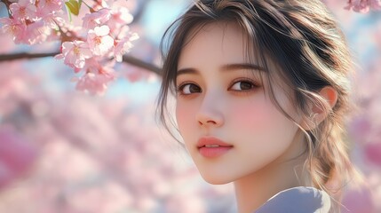 Fototapeta premium Young female amidst blossoming cherry blossoms in serene spring setting