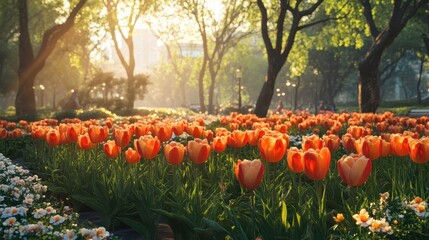 Vibrant tulip garden in sunlit park with blooming flowers and greenery