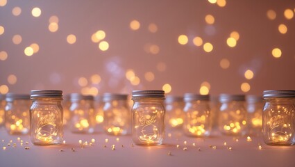 Mason jars illuminated with warm fairy lights create a magical atmosphere for celebrations and special events in a cozy indoor setting