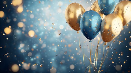 Festive Gold And Blue Balloons Celebrate With Confetti
