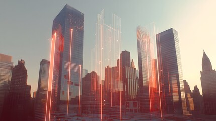 3D image of skyscrapers being built in real-time, with large progress arrows pointing toward the future, symbolizing expansion and development