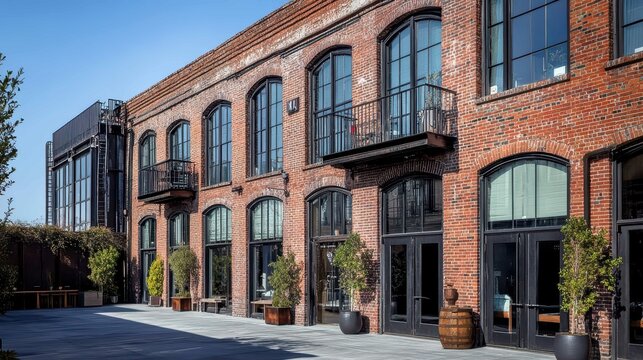 A modern brick building with large windows and outdoor seating.