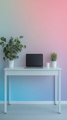 Minimalist Workspace With Laptop Plants And Pastel Wall