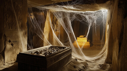 Abandoned ancient egypt temple game background with spiderweb at night. Danger and creepy vector egyptian plundered palace interior with tomb. Stolen mythology treasure chest near sarcophagus.