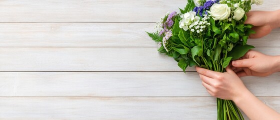 Arranging a Beautiful Spring Bouquet on White Wood