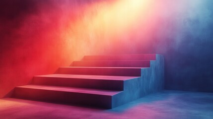 Abstract Colorful Stairs with Foggy Surroundings Creating an Ethereal Atmosphere Highlighted by Dramatic Lighting Effects and Soft Shadows