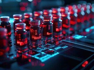 A close-up view of glowing red vials on a circuit board, highlighting a fusion of technology and pharmaceuticals in a futuristic setting.