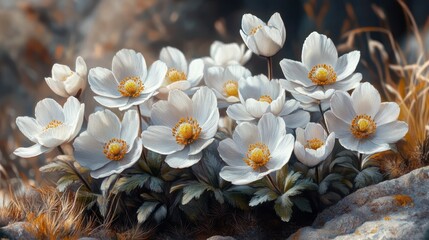 Fototapeta premium Lush blooming white flowers in natural rocky environment