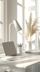 Minimalist White Desk Workspace With Laptop And Dried Flowers