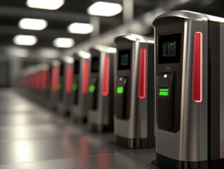 Fototapeta premium A row of modern electronic access control systems with green and red indicators, set in a well-lit, industrial environment.