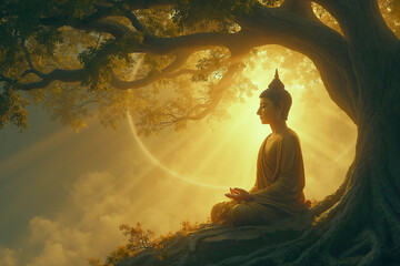serene scene of a Buddhist monk meditating under the Bodhi tree on Buddha person. meditate Buddha statue against sunset sky with rays background. brahma sitting on sunny sunrise background. sunburst.