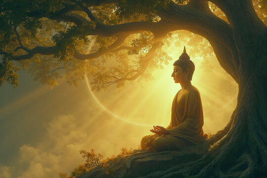 serene scene of a Buddhist monk meditating under the Bodhi tree on Buddha person. meditate Buddha statue against sunset sky with rays background. brahma sitting on sunny sunrise  background. sunburst.
